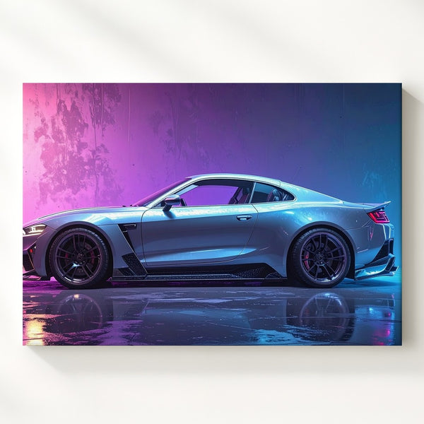 Neon Silver Sports Coupe Canvas – Widebody Street Racer in Cyber Ambience - Gifitto