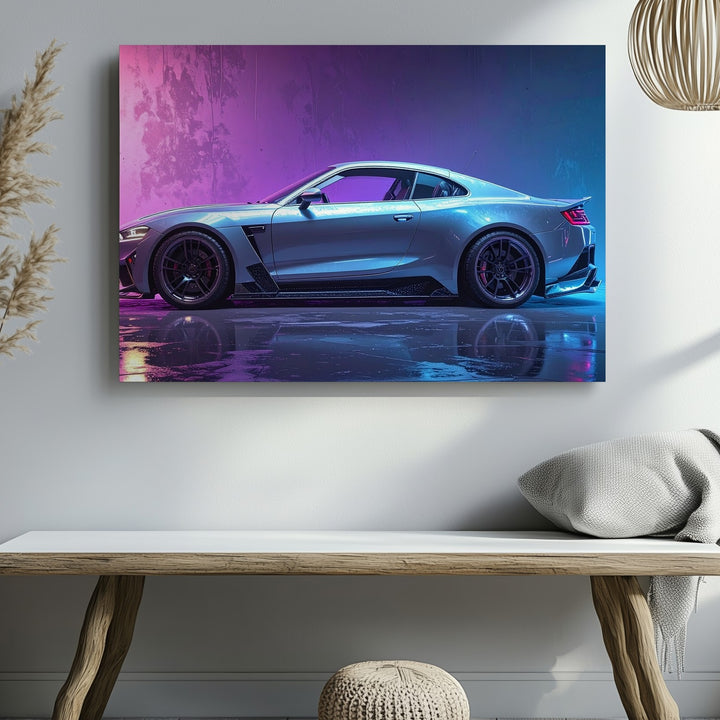 Neon Silver Sports Coupe Canvas – Widebody Street Racer in Cyber Ambience - Gifitto