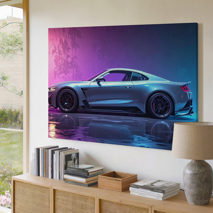 Neon Silver Sports Coupe Canvas – Widebody Street Racer in Cyber Ambience - Gifitto