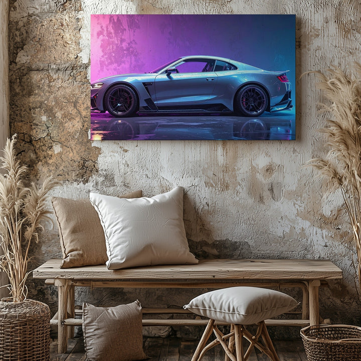 Neon Silver Sports Coupe Canvas – Widebody Street Racer in Cyber Ambience - Gifitto