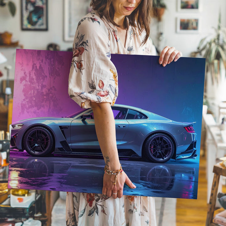 Neon Silver Sports Coupe Canvas – Widebody Street Racer in Cyber Ambience - Gifitto