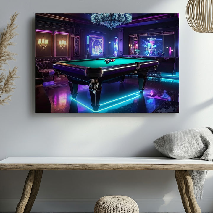 Neon Luxury Billiards Room Canvas – Futuristic Pool Lounge Wall Art - Gifitto