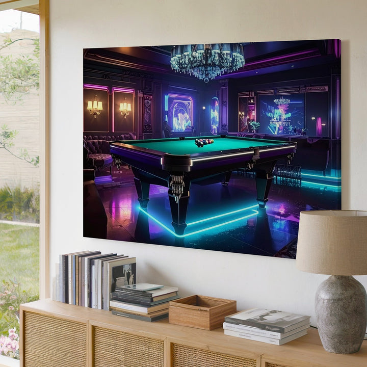 Neon Luxury Billiards Room Canvas – Futuristic Pool Lounge Wall Art - Gifitto