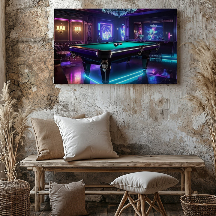 Neon Luxury Billiards Room Canvas – Futuristic Pool Lounge Wall Art - Gifitto