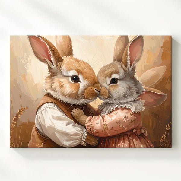 Vintage-Inspired Rabbit Embrace Canvas – Affectionate Spring Wall Art - Gifitto