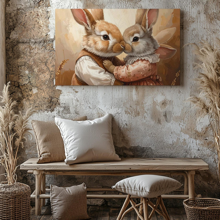 Vintage-Inspired Rabbit Embrace Canvas – Affectionate Spring Wall Art - Gifitto