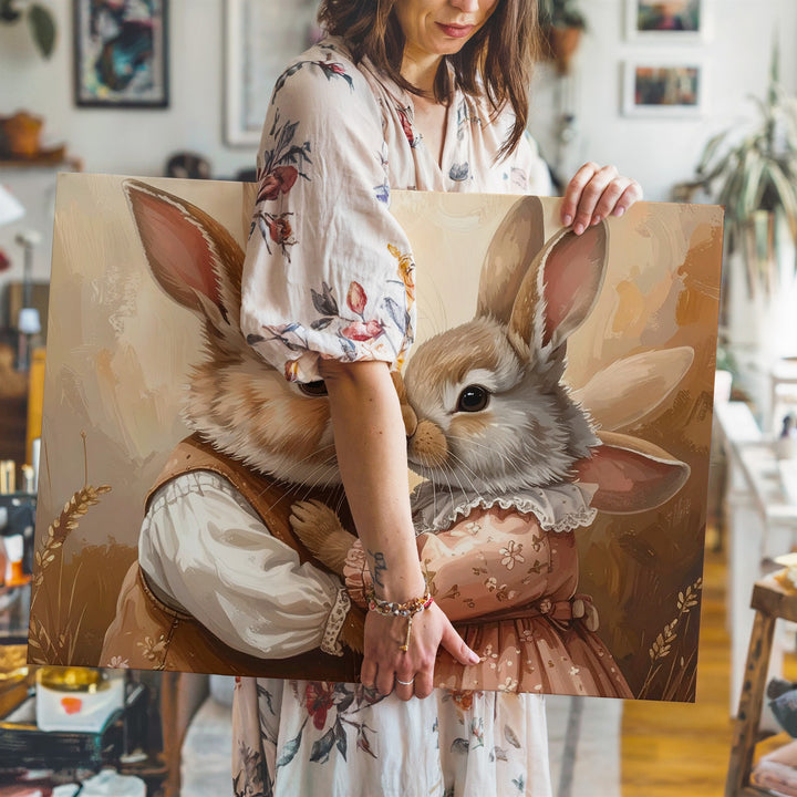 Vintage-Inspired Rabbit Embrace Canvas – Affectionate Spring Wall Art - Gifitto