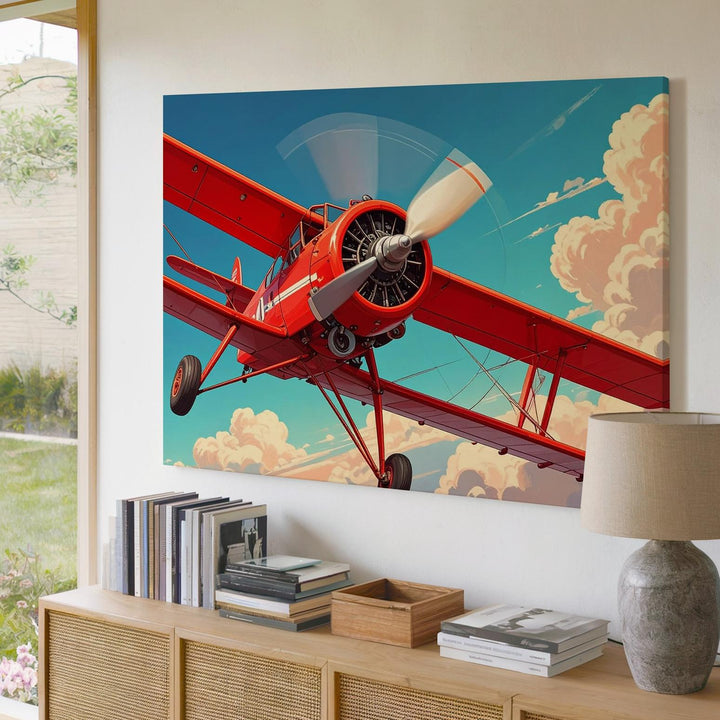 Red Biplane Adventure Canvas – Dynamic Vintage Aviation Wall Art - Gifitto
