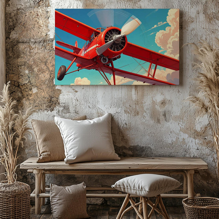 Red Biplane Adventure Canvas – Dynamic Vintage Aviation Wall Art - Gifitto