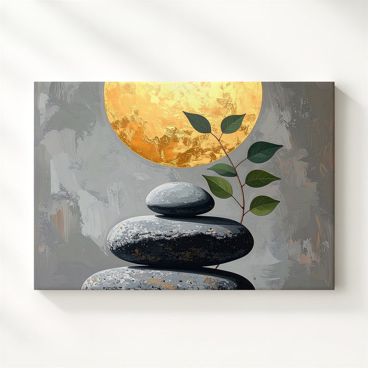 Balanced Stones & Golden Sphere Canvas – Minimalist Zen Harmony Art - Gifitto