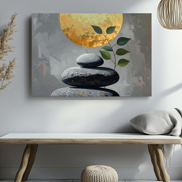 Balanced Stones & Golden Sphere Canvas – Minimalist Zen Harmony Art - Gifitto