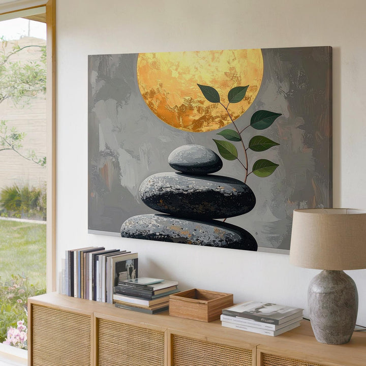 Balanced Stones & Golden Sphere Canvas – Minimalist Zen Harmony Art - Gifitto