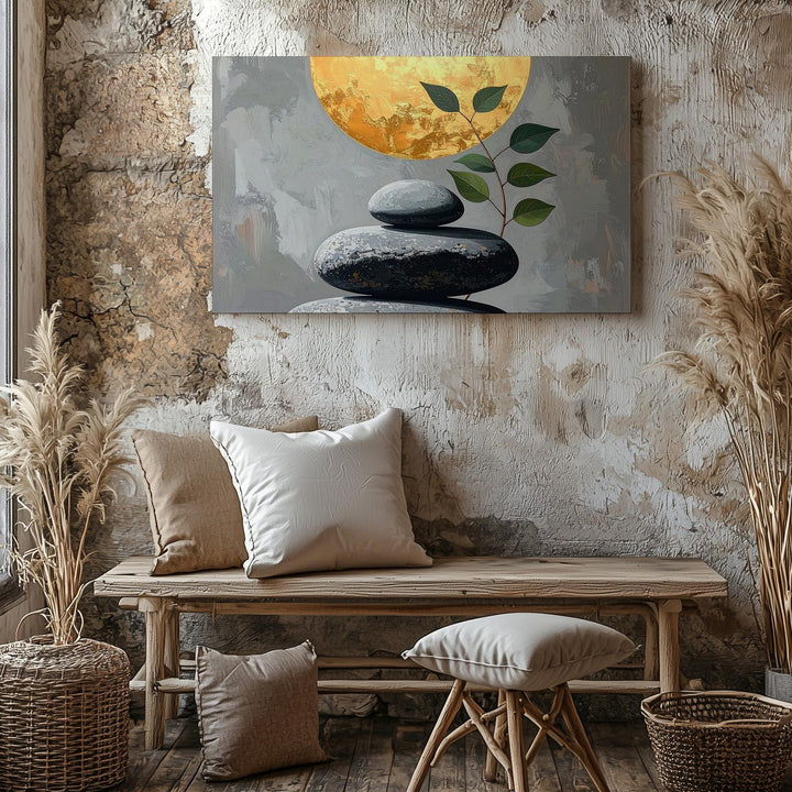 Balanced Stones & Golden Sphere Canvas – Minimalist Zen Harmony Art - Gifitto