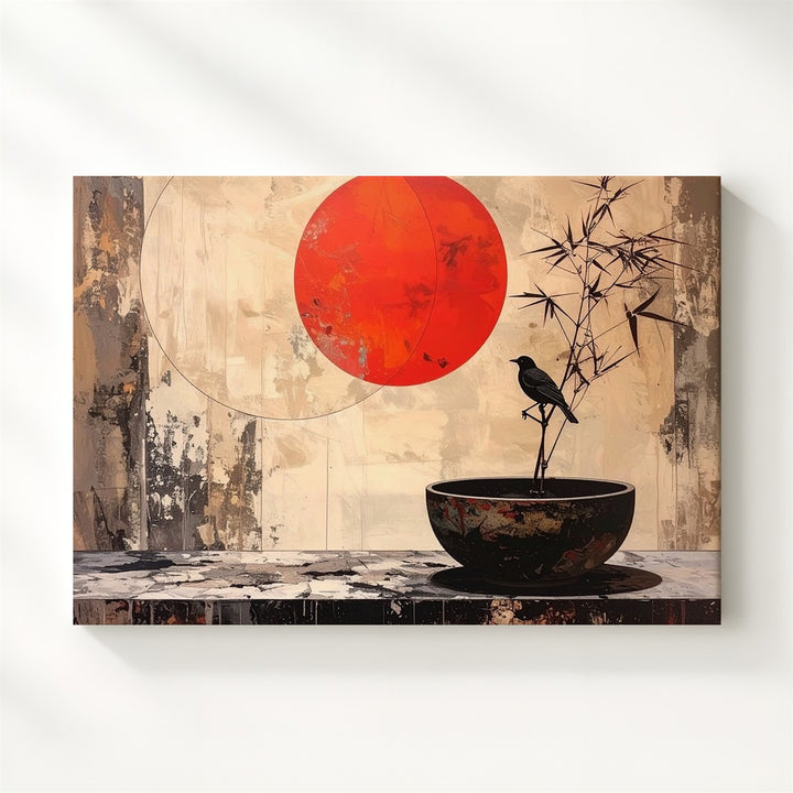 Wabi-Sabi Still Life Canvas – Red Sun, Bamboo & Black Bird Minimalist Art - Gifitto