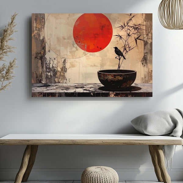 Wabi-Sabi Still Life Canvas – Red Sun, Bamboo & Black Bird Minimalist Art - Gifitto