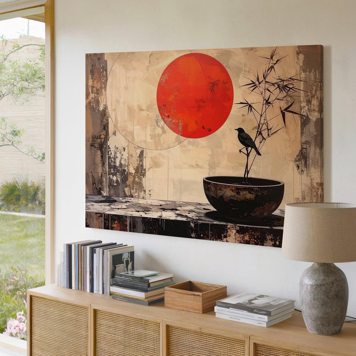 Wabi-Sabi Still Life Canvas – Red Sun, Bamboo & Black Bird Minimalist Art - Gifitto