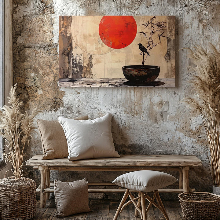 Wabi-Sabi Still Life Canvas – Red Sun, Bamboo & Black Bird Minimalist Art - Gifitto