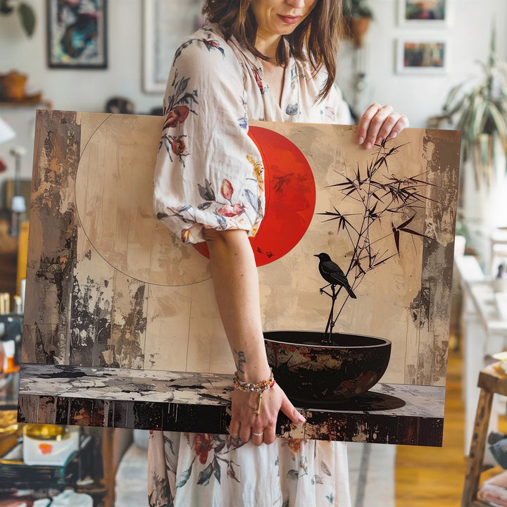 Wabi-Sabi Still Life Canvas – Red Sun, Bamboo & Black Bird Minimalist Art - Gifitto