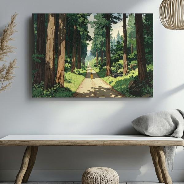Sunlit Forest Path Canvas – Japanese Woodblock Inspired Nature Walk Art - Gifitto