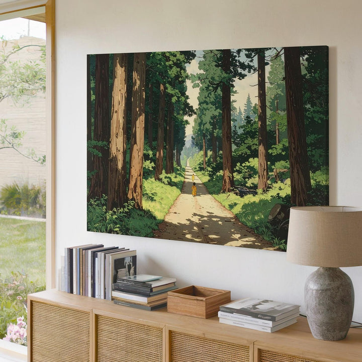 Sunlit Forest Path Canvas – Japanese Woodblock Inspired Nature Walk Art - Gifitto