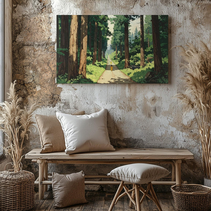 Sunlit Forest Path Canvas – Japanese Woodblock Inspired Nature Walk Art - Gifitto