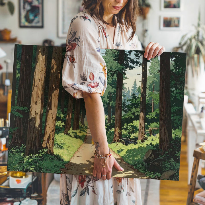 Sunlit Forest Path Canvas – Japanese Woodblock Inspired Nature Walk Art - Gifitto