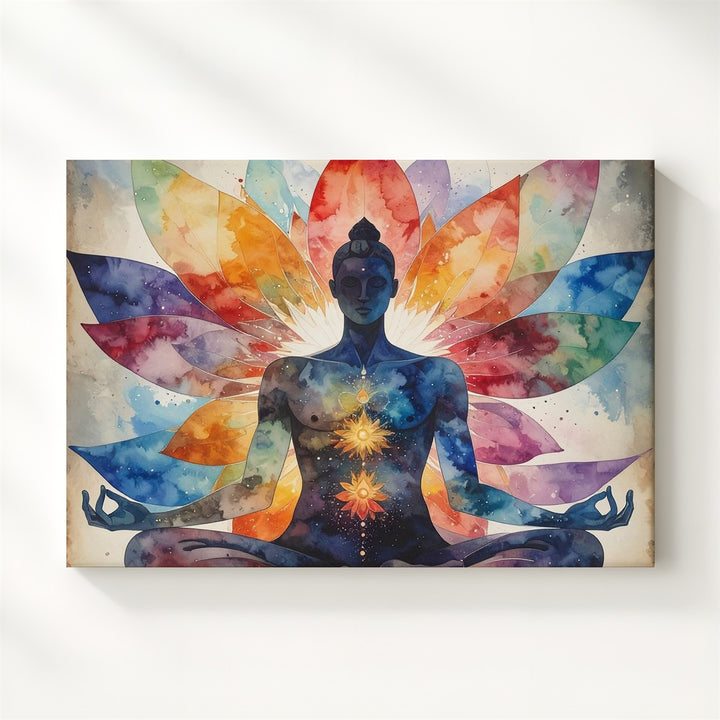 Meditating Figure & Lotus Mandala Canvas – Vibrant Spiritual Watercolor Art - Gifitto