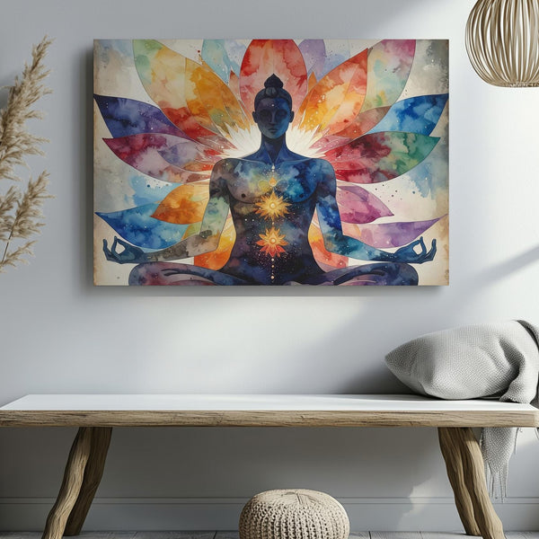 Meditating Figure & Lotus Mandala Canvas – Vibrant Spiritual Watercolor Art - Gifitto