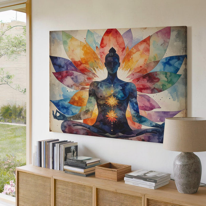Meditating Figure & Lotus Mandala Canvas – Vibrant Spiritual Watercolor Art - Gifitto