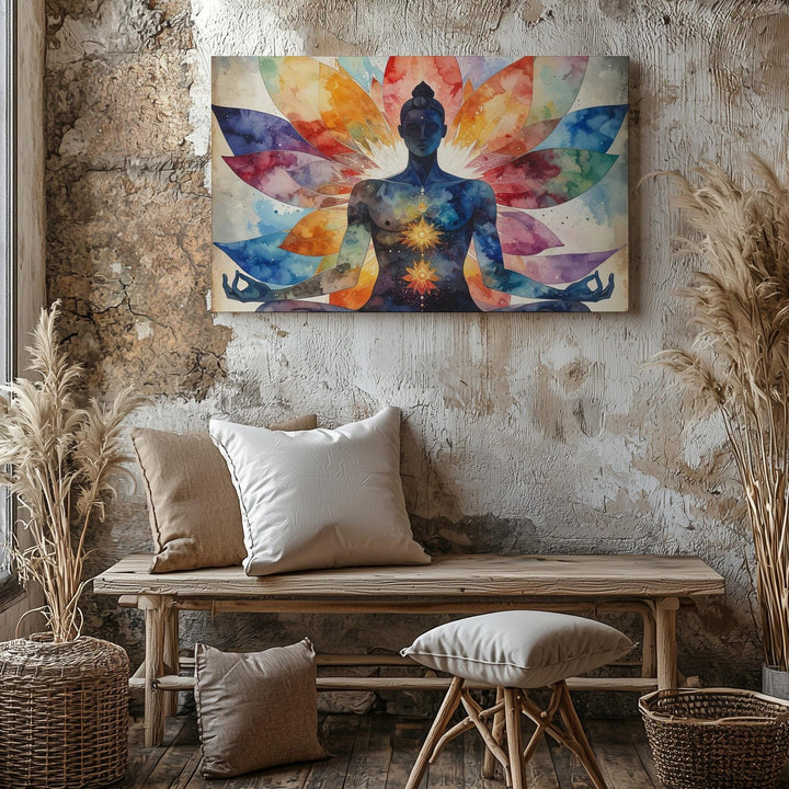 Meditating Figure & Lotus Mandala Canvas – Vibrant Spiritual Watercolor Art - Gifitto