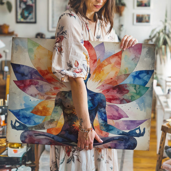 Meditating Figure & Lotus Mandala Canvas – Vibrant Spiritual Watercolor Art - Gifitto