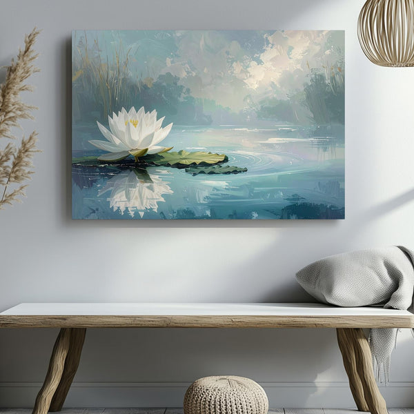 White Lotus Reflection Canvas – Minimalist Sacred Water Flower Art - Gifitto