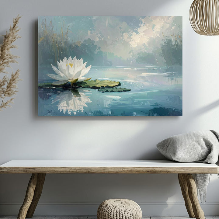 White Lotus Reflection Canvas – Minimalist Sacred Water Flower Art - Gifitto