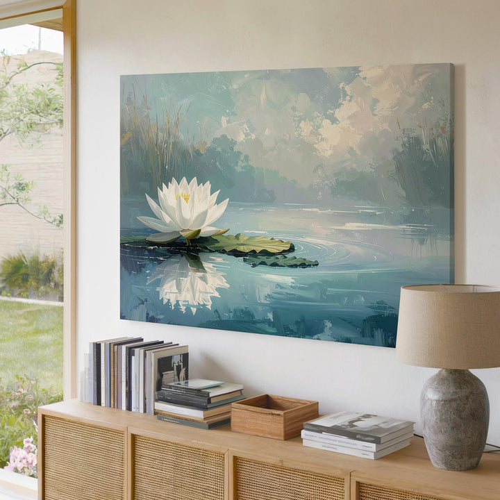 White Lotus Reflection Canvas – Minimalist Sacred Water Flower Art - Gifitto