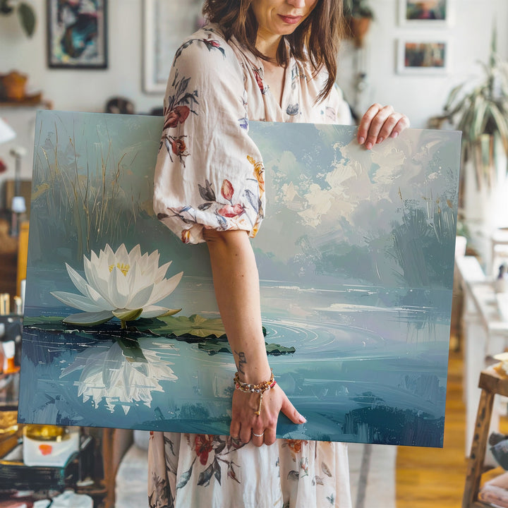 White Lotus Reflection Canvas – Minimalist Sacred Water Flower Art - Gifitto