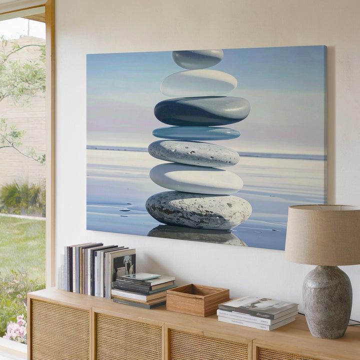 Zen Balance Stone Stack Canvas – Minimalist Meditative Water Reflection Art - Gifitto
