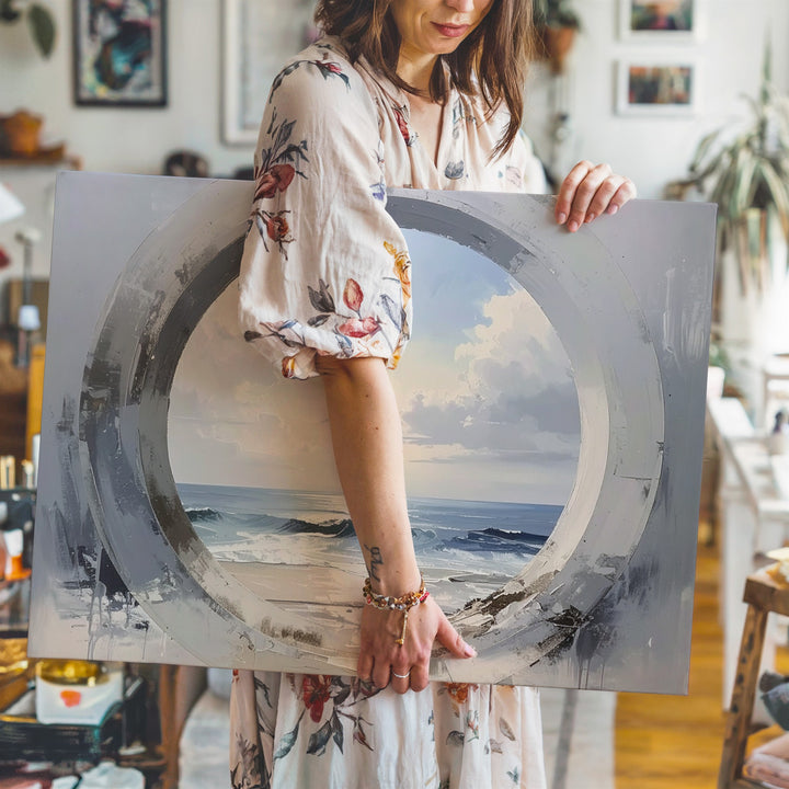 Enso Ocean Canvas – Minimalist Zen Circle & Seascape Watercolor Art - Gifitto