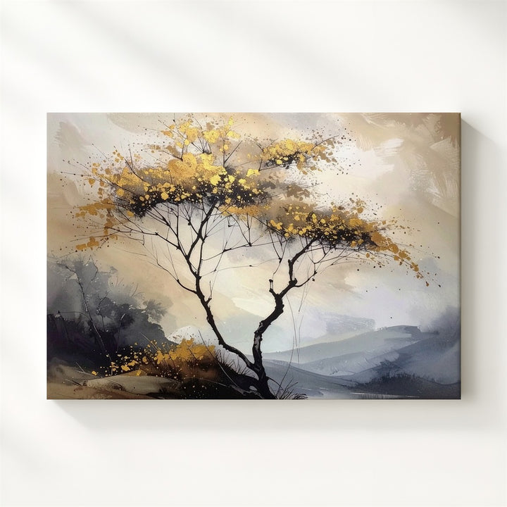 Golden Autumn Tree Canvas – Minimalist Ink-Inspired Seasonal Wall Art - Gifitto