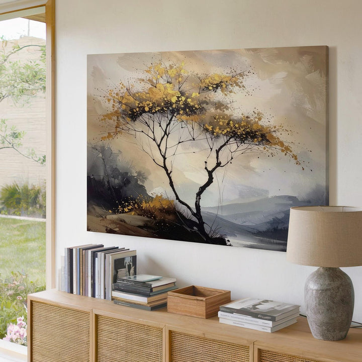 Golden Autumn Tree Canvas – Minimalist Ink-Inspired Seasonal Wall Art - Gifitto