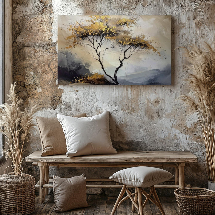 Golden Autumn Tree Canvas – Minimalist Ink-Inspired Seasonal Wall Art - Gifitto