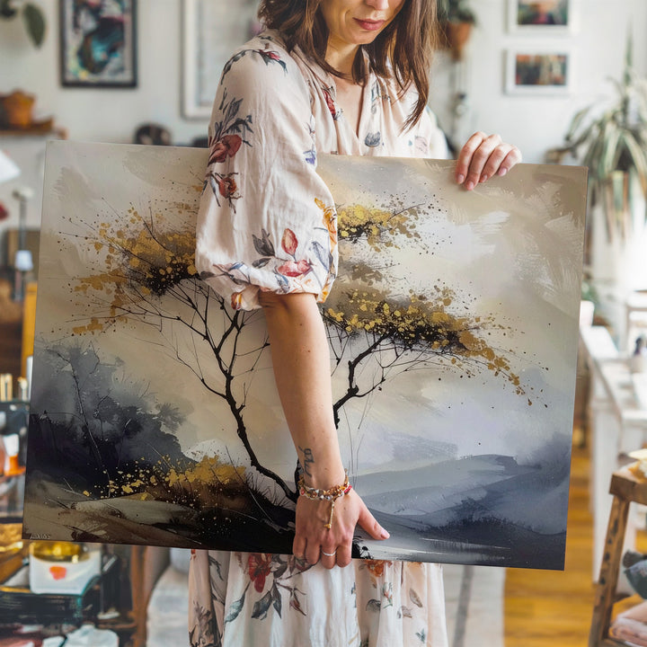 Golden Autumn Tree Canvas – Minimalist Ink-Inspired Seasonal Wall Art - Gifitto