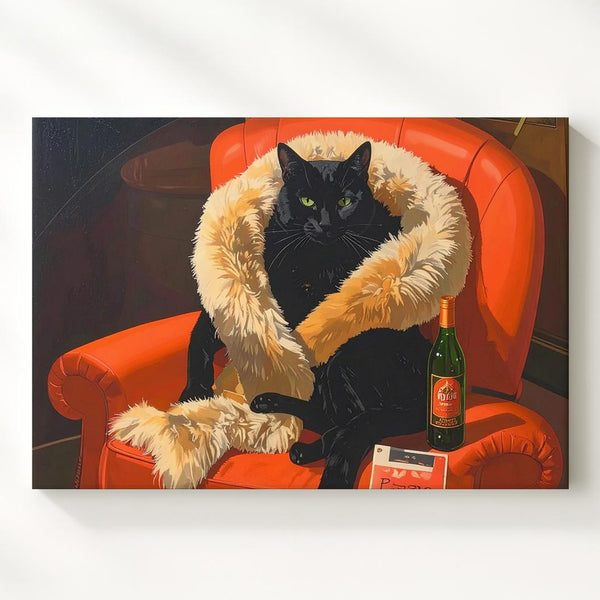 Glamorous Martini Cat Canvas – Noir-Inspired Black Cat in Red Armchair - Gifitto