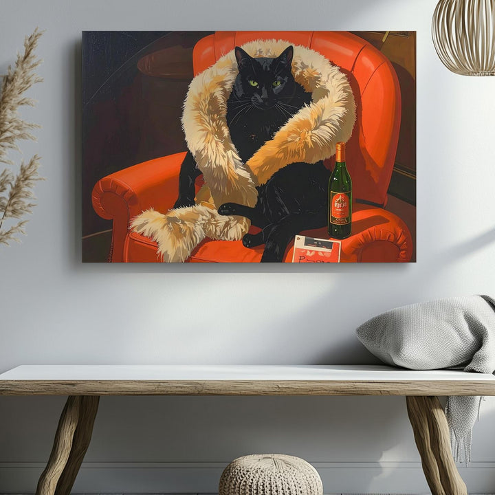 Glamorous Martini Cat Canvas – Noir-Inspired Black Cat in Red Armchair - Gifitto