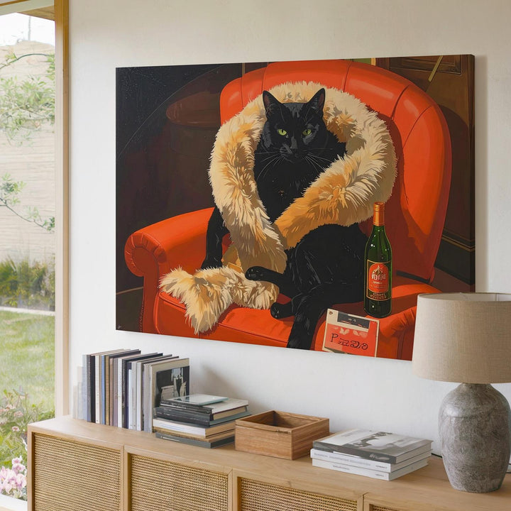 Glamorous Martini Cat Canvas – Noir-Inspired Black Cat in Red Armchair - Gifitto