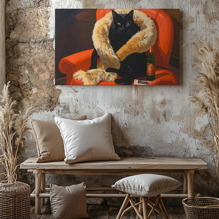 Glamorous Martini Cat Canvas – Noir-Inspired Black Cat in Red Armchair - Gifitto