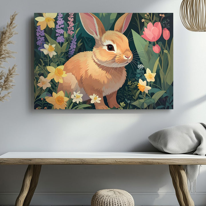 Spring Rabbit in Flower Garden Canvas – Vibrant Nature Wall Art - Gifitto