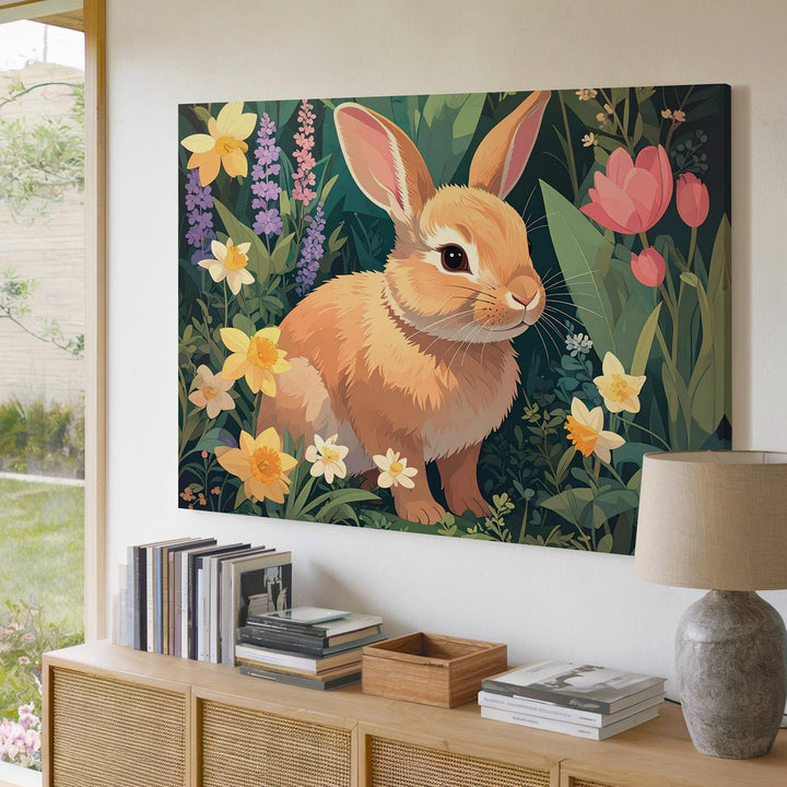 Spring Rabbit in Flower Garden Canvas – Vibrant Nature Wall Art - Gifitto