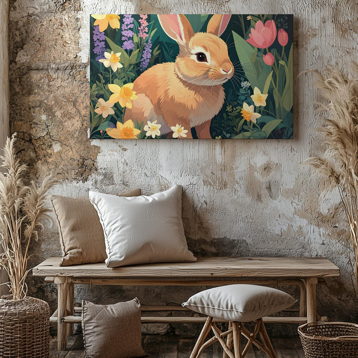 Spring Rabbit in Flower Garden Canvas – Vibrant Nature Wall Art - Gifitto