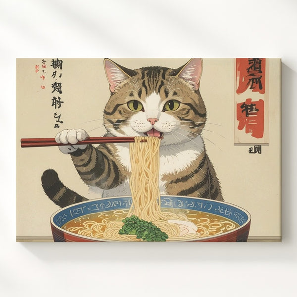 Ramen Slurping Cat Canvas – Japanese-Style Feline Noodle Fun - Gifitto