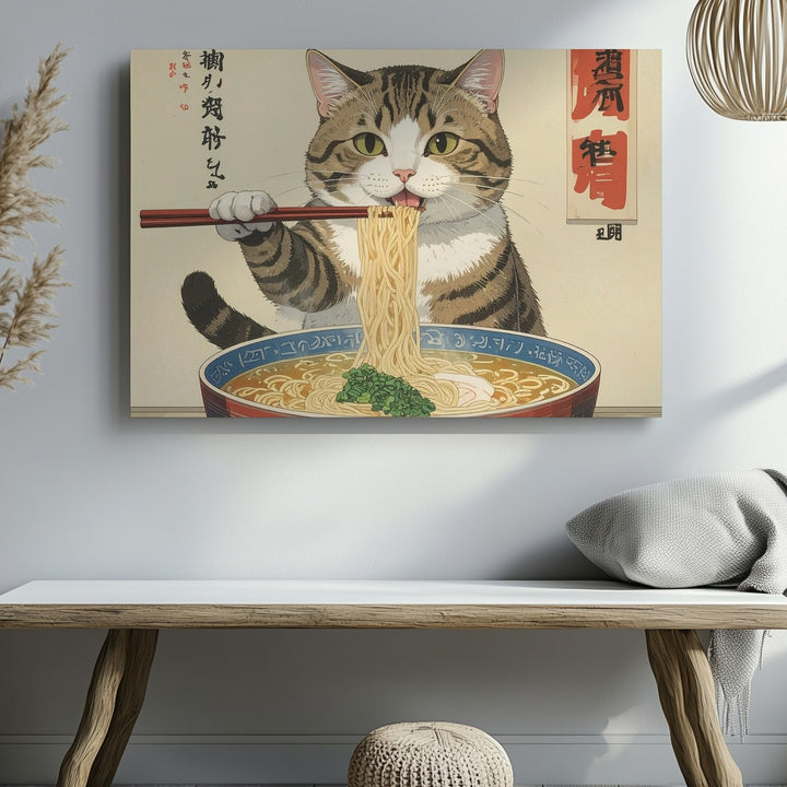 Ramen Slurping Cat Canvas – Japanese-Style Feline Noodle Fun - Gifitto